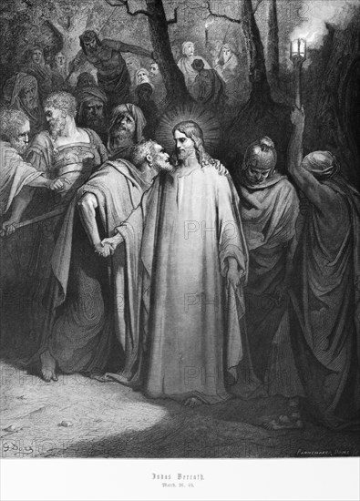 Judas betraying Jesus, Gospel of Matthew, chapter 26, halo, traitor, disciple, sticks, torch, kiss, New Testament, Bible, historical illustration 1886