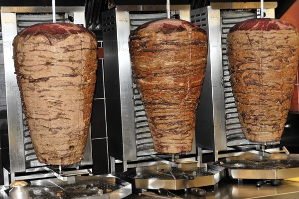Several kebab skewers in a professional catering kitchen, Hamburg, Hanseatic City of Hamburg, Germany, Europe