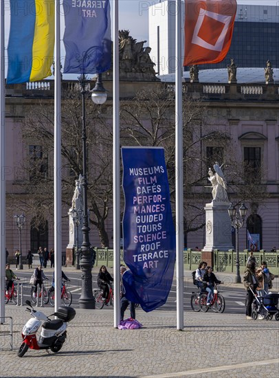 Flagpoles in front of the entrance to the Humboldt Forum, Berlin, Germany, Europe