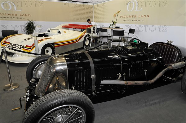 RETRO CLASSICS 2010, Stuttgart Messe, Historic black and white racing car with open cockpit at an exhibition, Stuttgart Messe, Stuttgart, Baden-Wuerttemberg, Germany, Europe