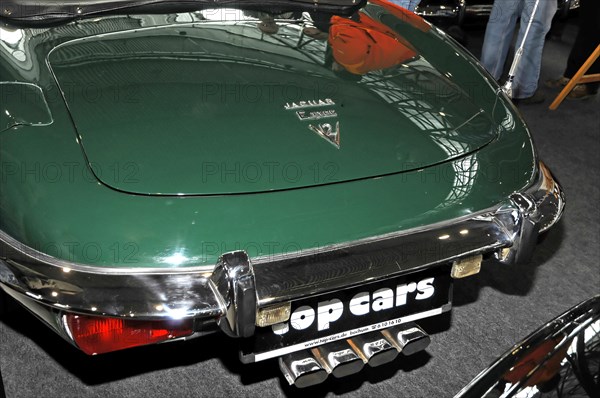 RETRO CLASSICS 2010, Stuttgart Messe, Shiny green Jaguar E-Type shown from behind at an exhibition, Stuttgart Messe, Stuttgart, Baden-Wuerttemberg, Germany, Europe