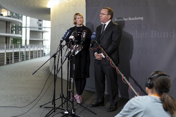 Boris Pistorius (SPD), Federal Minister of Defence with Wiebke Esdar, Member of the German Bundestag (SPD) and Chairwoman of the 'Sondervermoegen Bundeswehr' committee during a press statement in the German Bundestag in Berlin, 20.03.2024