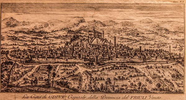 View of Udine, etching, Galeria d'Arte Antica, Castello di Udine, seat of the State Museums, Udine, most important historical city of Friuli, Italy, Udine, Friuli, Italy, Europe