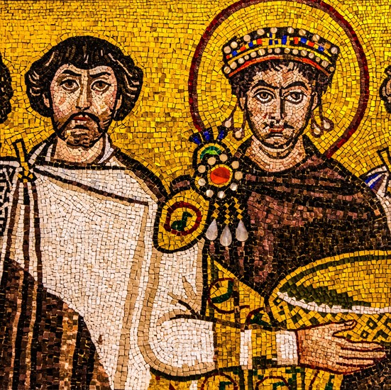 Parade of Justitian, mosaic copy, Basilica of San Vitale, Ravenna, 6th century, mosaic school producing mosaic masters, Spilimbergo, city of mosaic art, Friuli, Italy, Spilimbergo, Friuli, Italy, Europe