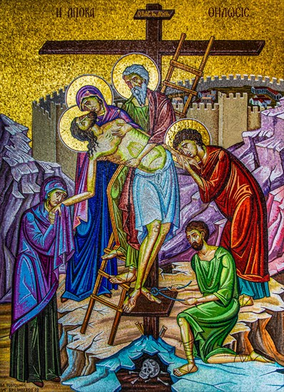 Descent of Christ from the Cross, mosaic copy of St Sepolcro, Jerusalem, mosaic school producing mosaic masters, Spilimbergo, city of mosaic art, Friuli, Italy, Spilimbergo, Friuli, Italy, Europe