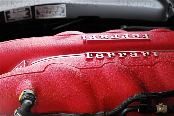 RETRO CLASSICS 2010, Stuttgart Messe, Stuttgart, Baden-Wuerttemberg, Germany, Europe, Ferrari, Detailed shot of a red Ferrari engine showing power and technology, Europe