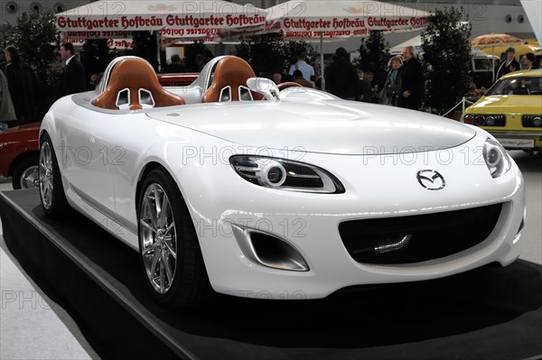 RETRO CLASSICS 2010, Stuttgart Messe, A white Mazda convertible sports car model presented at a motor show, Stuttgart Messe, Stuttgart, Baden-Wuerttemberg, Germany, Europe