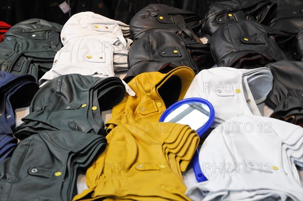 RETRO CLASSICS 2010, Stuttgart Messe, pile of different coloured leather jackets in a messy arrangement, Stuttgart Messe, Stuttgart, Baden-Wuerttemberg, Germany, Europe