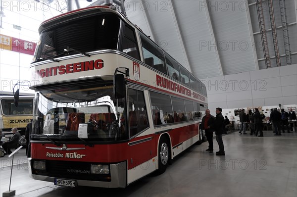 RETRO CLASSICS 2010, Stuttgart Trade Fair Centre, A red double-decker bus for city tours with the inscription 'Sightseeing', Stuttgart Trade Fair Centre, Stuttgart, Baden-Wuerttemberg, Germany, Europe