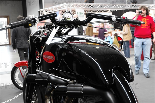 RETRO CLASSICS 2010, Stuttgart Messe, Close-up of the handlebars of a black GUNBUS motorbike, Stuttgart Messe, Stuttgart, Baden-Wuerttemberg, Germany, Europe