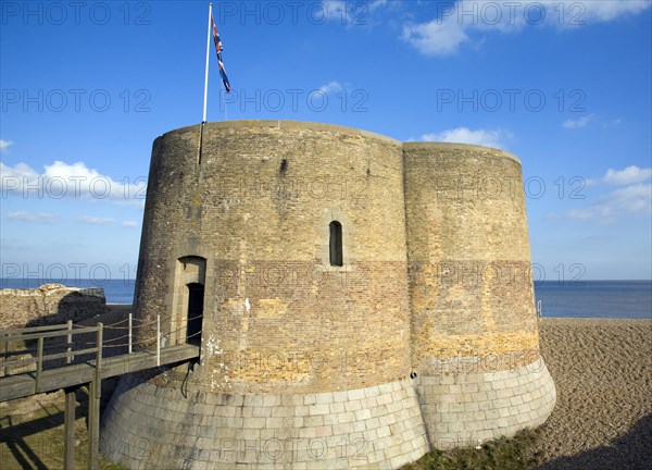 Quatrefoil Napoleonic war martello tower at Slaughden, Aldeburgh, Suffolk, England, United Kingdom, Europe