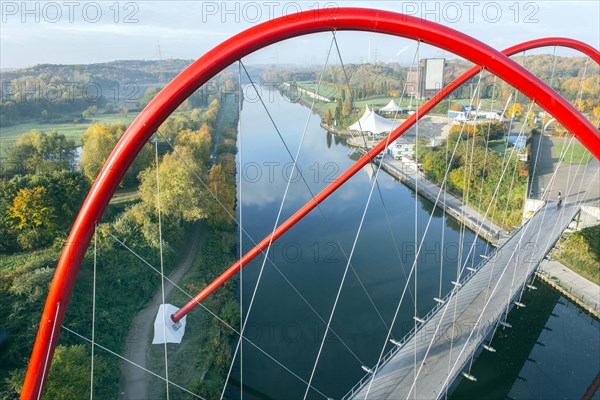 Aerial view of the double arch bridge, 28 October 2015. The Nordsternpark double arch bridge is a foot and cycle path bridge over the Rhine-Herne Canal in Nordsternpark, 28 October 2015