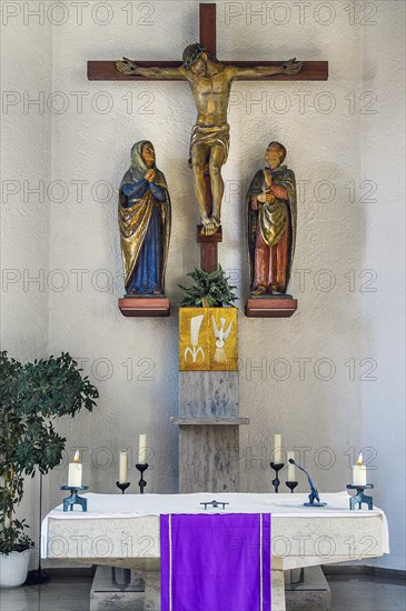 The altar with crucifix, former monastery church Mater Salvatoris, Boerwang, Allgaeu, Swabia, Bavaria, Germany, Europe