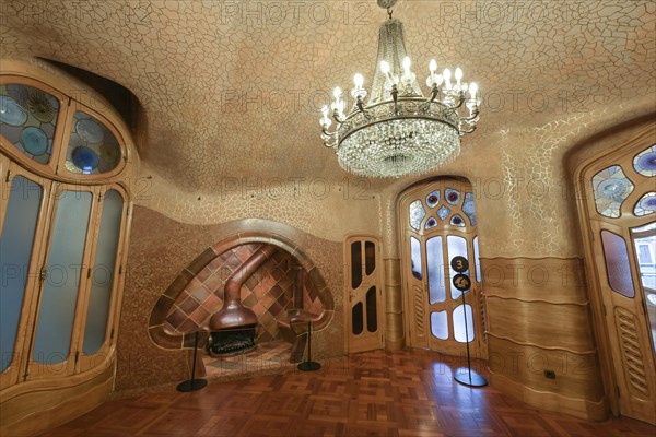 Fireplace in the study, Casa Batllo, apartment building by Antoni Gaudi, Passeig de Gracia, Barcelona, Catalonia, Spain, Europe