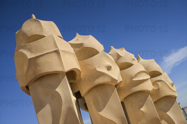 Roof with chimneys, La Pedrera, Casa Mila by Antoni Gaudi, Barcelona, Catalonia, Spain, Europe