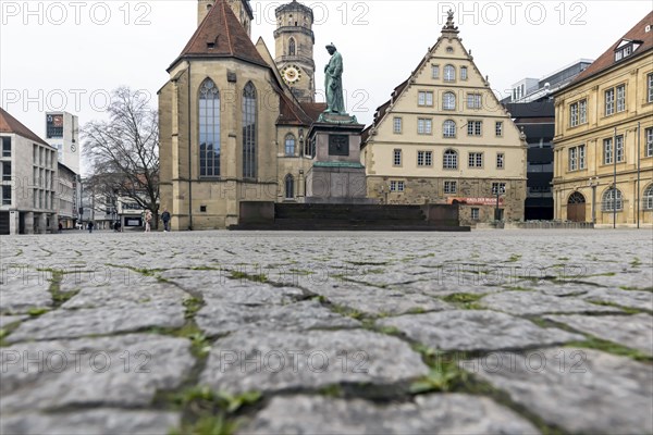 Schillerplatz square with Schiller monument, town hall tower, collegiate church and fruit cellar, city view Stuttgart, Baden-Wuerttemberg, Germany, Europe