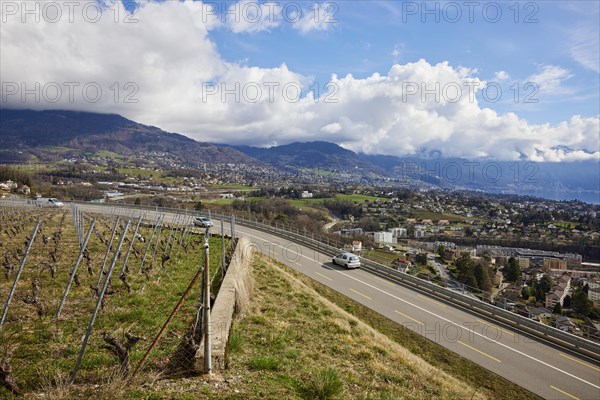 Main road 12 with a view of Vevey and the UNESCO World Heritage Lavaux vineyard terraces near Jongny, Riviera-Pays-d'Enhaut district, Vaud, Switzerland, Europe