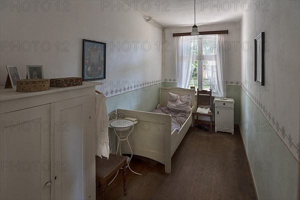 Bedroom in a 19th century farmhouse, Open-Air Museum of Folklore Schwerin-Muess, Mecklenburg-Western Pomerania, Germany, Europe