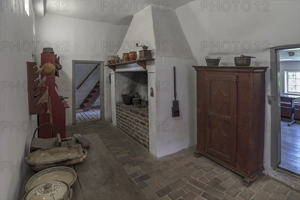 Kitchen with cooking area in a historic farmhouse from the 19th century, Open-Air Museum of Folklore Schwerin-Muess, Mecklenburg-Vorpommerm, Germany, Europe