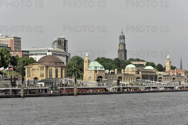 The Hamburg Landungsbruecken with surrounding buildings under a clear sky, Hamburg, Hanseatic City of Hamburg, Germany, Europe