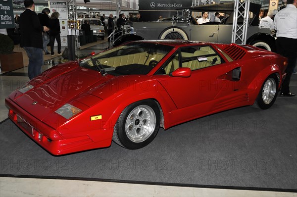 RETRO CLASSICS 2010, Stuttgart Messe, Red sports car, Lamborghini, with flat design and eye-catching wings in an exhibition, Stuttgart Messe, Stuttgart, Baden-Wuerttemberg, Germany, Europe