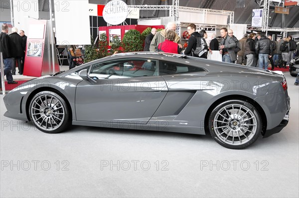 RETRO CLASSICS 2010, Stuttgart Messe, Stuttgart, Baden-Wuerttemberg, Germany, Europe, Side view of a grey Lamborghini super sports car at a car exhibition, Europe