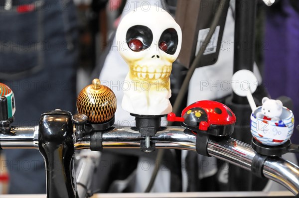 RETRO CLASSICS 2010, Stuttgart Messe, bicycle bells with a skull and other decorations on a handlebar with price tags, Stuttgart Messe, Stuttgart, Baden-Wuerttemberg, Germany, Europe