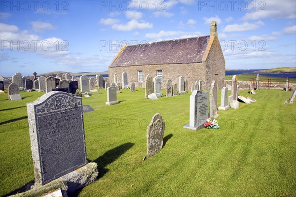 Church and churchyard, Sandness, Mainland, Shetland Islands, Scotland, United Kingdom, Europe