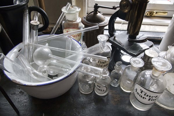 Glass jars for the production of medicines stand in the former laboratory in the historic Berg Pharmacy in Clausthal-Zellerfeld. The current Berg-Apotheke, one of the oldest pharmacies in Germany, was built in 1674, 09.11.2015