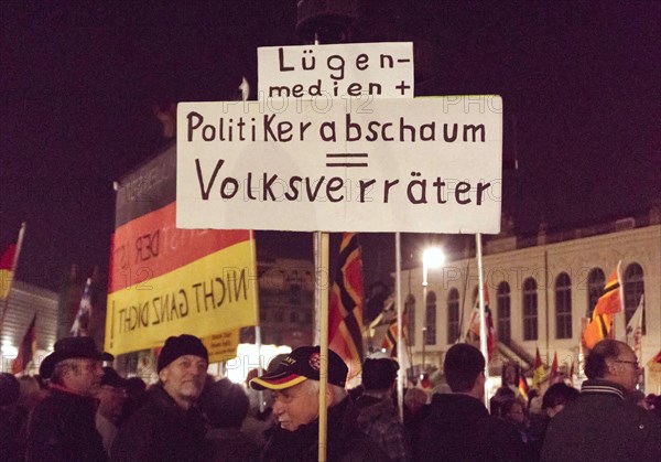 Pegida demonstration at the theatre square in Dresden. At this rally, Pegida founder Bachmann compared Federal Minister of Justice Heiko Maas to Reich Propaganda Minister Joseph Goebbels, 2 November 2015