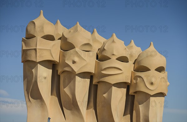 Roof with chimneys, La Pedrera, Casa Mila by Antoni Gaudi, Barcelona, Catalonia, Spain, Europe