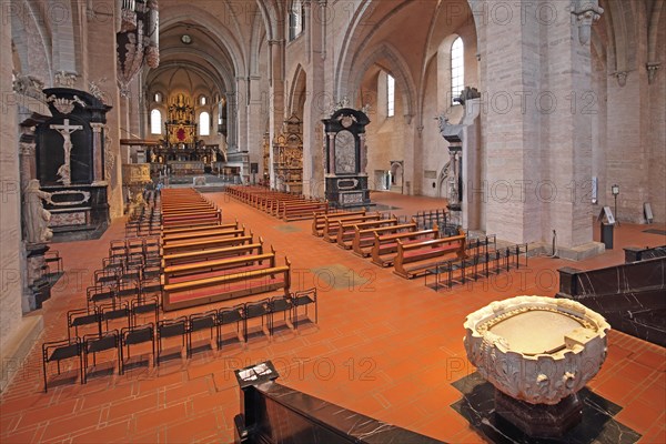 Interior view with baptismal font from UNESCO St Peter's Cathedral, empty pews, altar, Trier, Rhineland-Palatinate, Germany, Europe