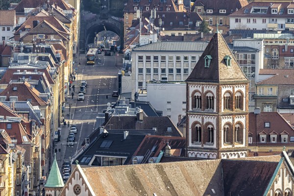 City view with St Elisabeth's Catholic Church, Schwabstrasse and Schwabtunnel, dense development and rooftops in the West district, Stuttgart, Baden-Wuerttemberg, Germany, Europe