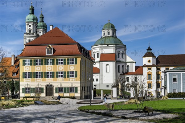 The Zumsteinhaus is museum, Lorenzkirche, and on the right the residence, Kempten, Allgaeu, Bavaria, Germany, Europe