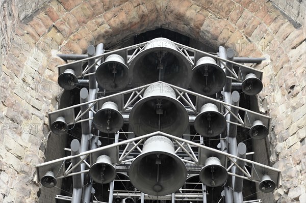 St Peter's Church, parish church, construction began in 1310, Moenckebergstrasse, detailed view of a bell tower with several bells and metal struts, Hamburg, Hanseatic City of Hamburg, Germany, Europe