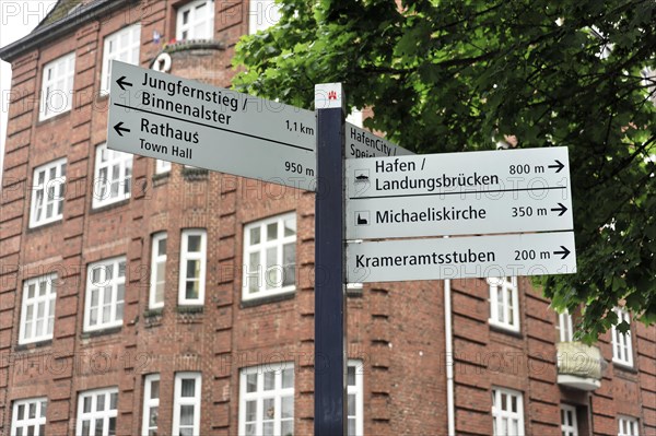 An information sign shows the directions to Hamburg's famous sights, Hamburg, Hanseatic City of Hamburg, Germany, Europe