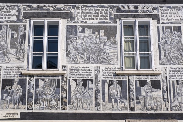 House facade with wall painting from the Renaissance period, sgraffito house, main square, Weitra, Waldviertel, Lower Austria, Austria, Europe