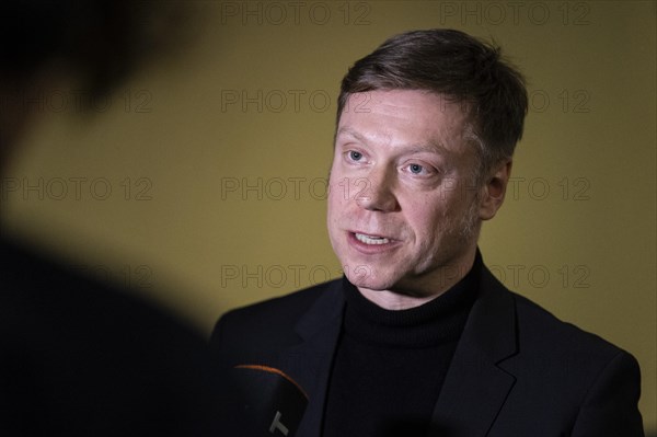 Martin Schirdewan, lead candidate for the European elections (Die LINKE), in a media interview, recorded during the poster presentation of the party Die Linke for the 2024 European elections in Berlin, 19 March 2024