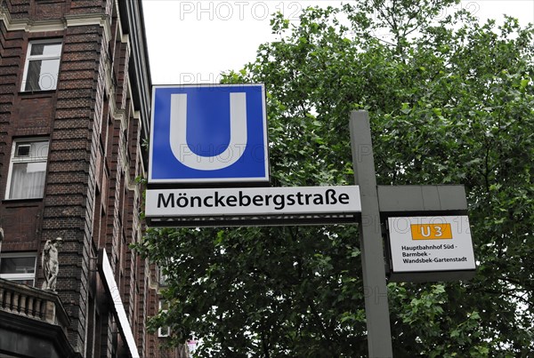 Street signs of the Hamburg underground station Moenckebergstrasse with direction indicator U3, Hamburg, Hanseatic City of Hamburg, Germany, Europe