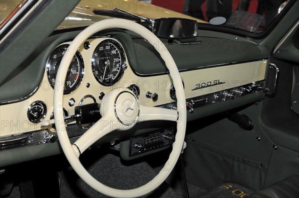 RETRO CLASSICS 2010, Stuttgart Trade Fair, Interior of a classic Mercedes-Benz 300 SL, with steering wheel and wood-panelled dashboard, Stuttgart Trade Fair, Stuttgart, Baden-Wuerttemberg, Germany, Europe