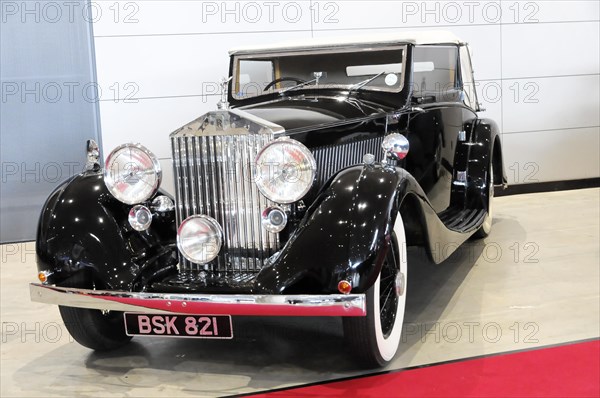 RETRO CLASSICS 2010, Stuttgart Trade Fair Centre, Black Rolls-Royce convertible presented as a classic car in an exhibition hall, Stuttgart Trade Fair Centre, Stuttgart, Baden-Wuerttemberg, Germany, Europe