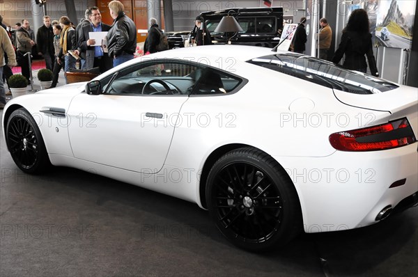 RETRO CLASSICS 2010, Stuttgart Messe, Side view of a white Aston Martin sports car at a trade fair, Stuttgart Messe, Stuttgart, Baden-Wuerttemberg, Germany, Europe