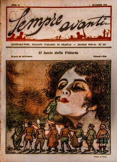 The kiss of victory, caricature in the Sempre Avanti soldier's zine, 1918, Museum of the Risorgimento on regional history, Castello di Udine, seat of the Civic Museums, Udine, most important historical city of Friuli, Italy, Udine, Friuli, Italy, Europe