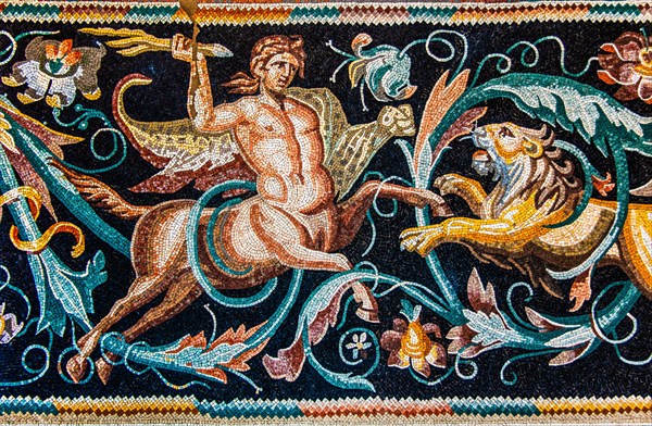 Centaur against Loewe, mosaic copy, Indian Triumph of Dionios, Algeria, 3rd century, mosaic school producing mosaic masters, Spilimbergo, city of mosaic art, Friuli, Italy, Spilimbergo, Friuli, Italy, Africa