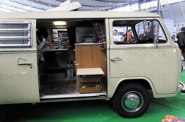 RETRO CLASSICS 2010, Stuttgart Messe, Interior of a beige Volkswagen Bulli T2 with camper equipment at a trade fair, Stuttgart Messe, Stuttgart, Baden-Wuerttemberg, Germany, Europe