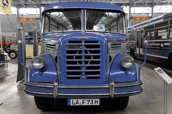 RETRO CLASSICS 2010, Stuttgart Trade Fair Centre, front view of a classic blauen vintage bus with distinctive radiator grille, Stuttgart Trade Fair Centre, Stuttgart, Baden-Wuerttemberg, Germany, Europe