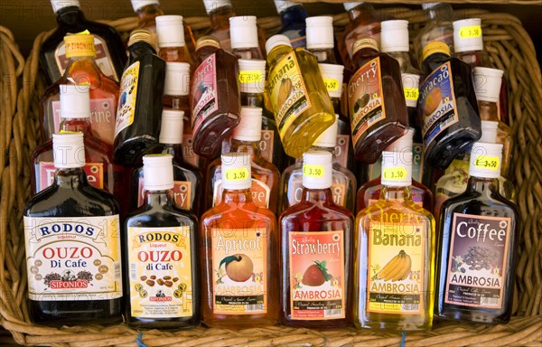 Bottles of different varieties of ouzo, Rhodes, Greece, Europe