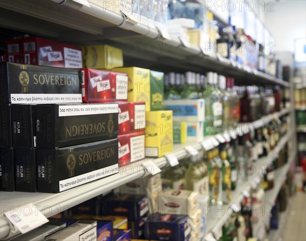 Tobacco and alcohol products at airport duty free shop, Rhodes, Greece, Europe