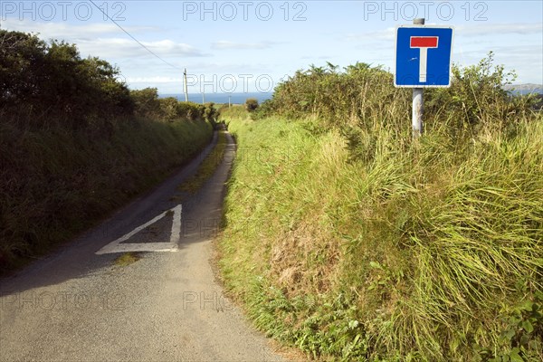 No through road sign and country lane, Trefin, Pembrokeshire, Wales, United Kingdom, Europe