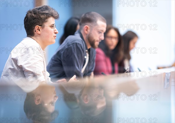 (R-L) Yasmin Fahimi, Chairwoman, German Trade Union Confederation (DGB), Matthias Keussen, Athletic Sonnenberg e.V., representative for the German Sports Youth in the DOSB and Anna-Nicole Heinrich, President of the Synod of the Protestant Church in Germany (EKD) of the Alliance Together for Democracy. In the Federation. Locally. For all. at a federal press conference in Berlin, 21 March 2024